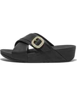 FitFlop Lulu Crystal-Buckle Leather Cross Slides | Sandals